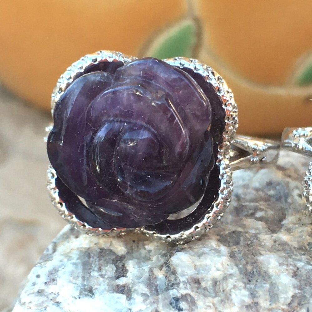 Genuine Amethyst Carved Flower Ring .925 Sterling Silver Statement Ring